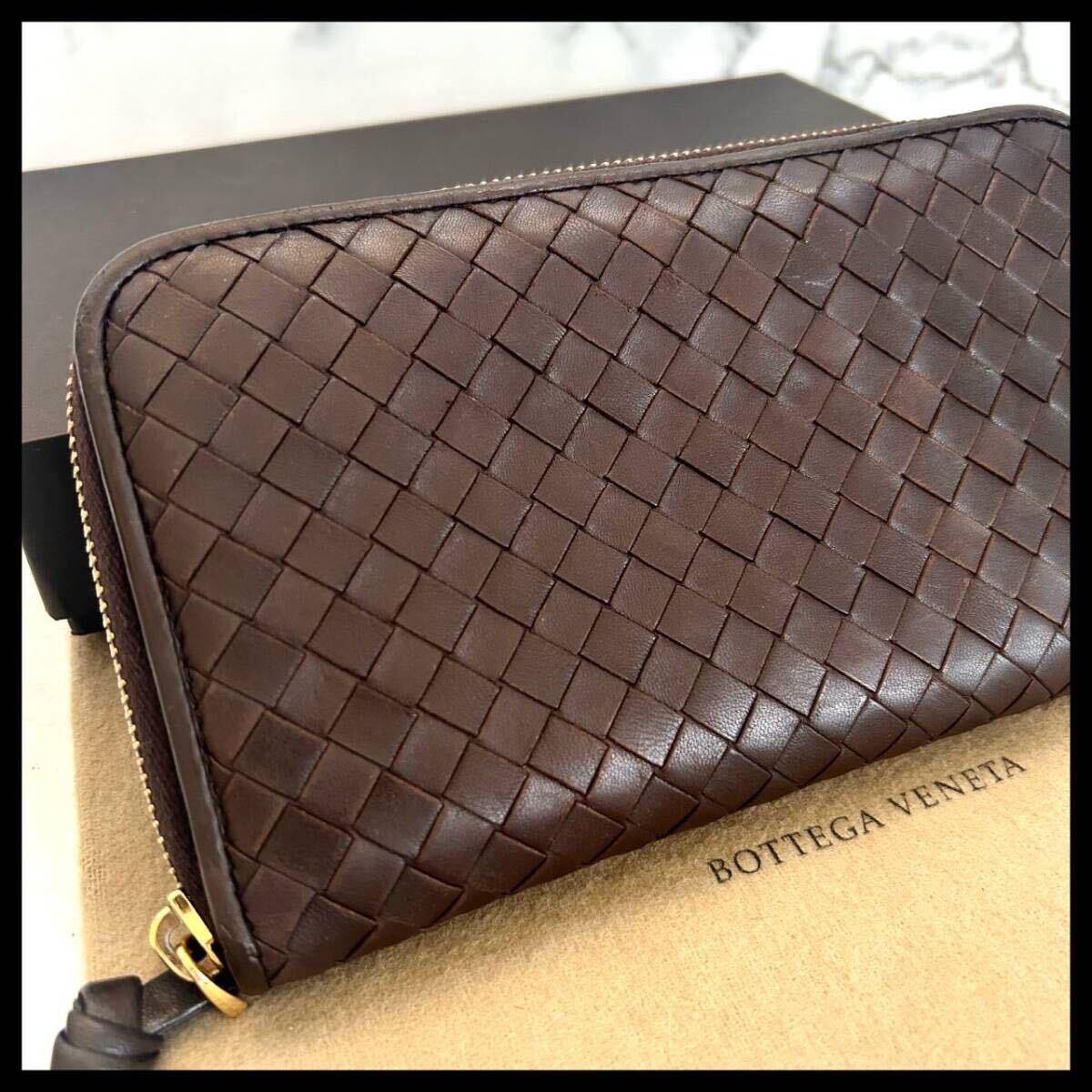 ★【極美品！希少！】 BOTTEGA VENETA ボッテガヴェネタ イントレチャート 長財布 ラウンドファスナー　ダークブラウン 定価7.8万 ☆_画像1