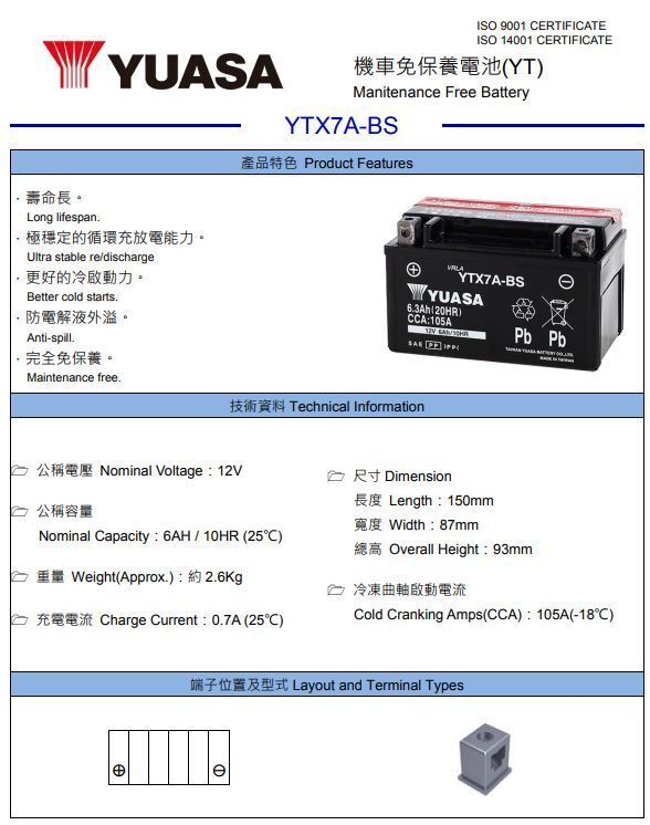 台湾ユアサバッテリー YUASA YTX7A-BS / AGMバッテリー シグナスX SE12 シグナスXC アクシスストリート マジェスティ125 SRV250 ルネッサ_画像2