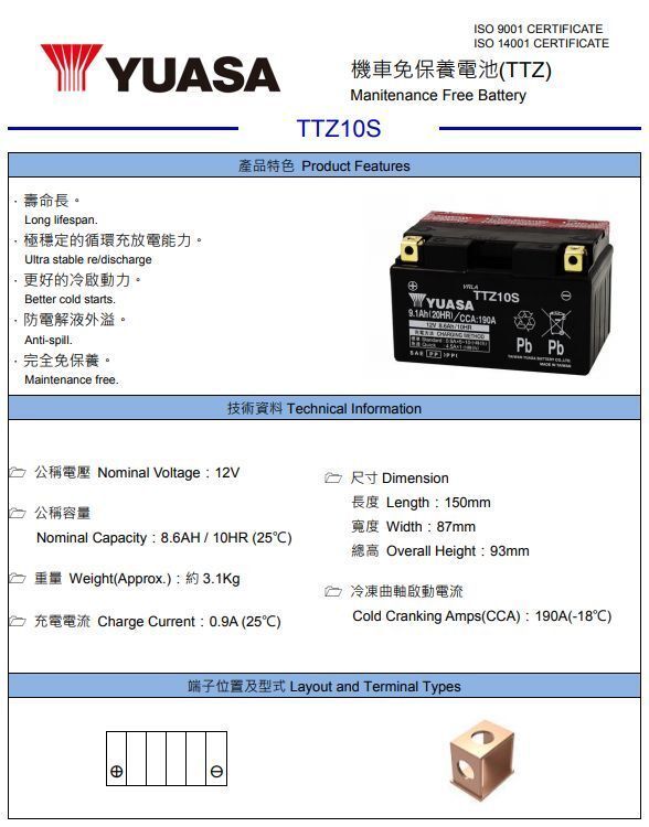 台湾ユアサバッテリー YUASA TTZ10S / AGMバッテリー 互換 YTZ10S マグザム マジェスティ250 4D9 YZF-R1 MT-07 MT-09_画像2