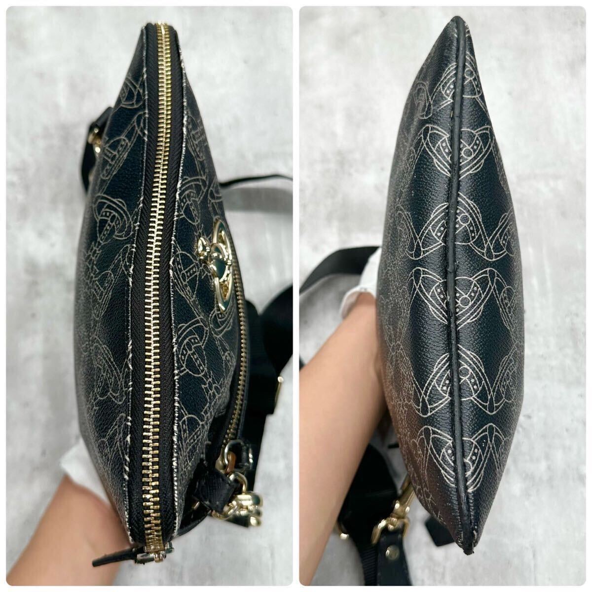 美品●Vivienne Westwood ヴィヴィアンウエストウッド オーブ金具 サコッシュ ショルダーバッグ レザー 黒 白 赤 レディース メンズ 総柄 _画像8