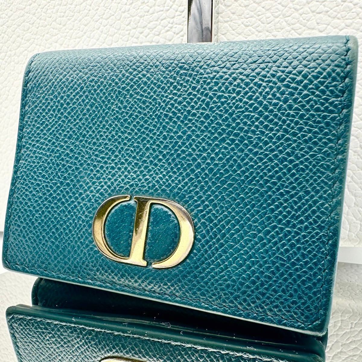 Christian Dior クリスチャンディオール 三つ折り財布 ブルー レザー ゴールドロゴ レディース コンパクトウォレット 本革_画像1