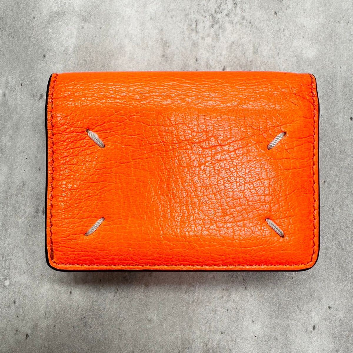 美品● Maison Margiela メゾンマルジェラ 三つ折り財布 オレンジ レザー レディース コンパクトウォレット 本革
