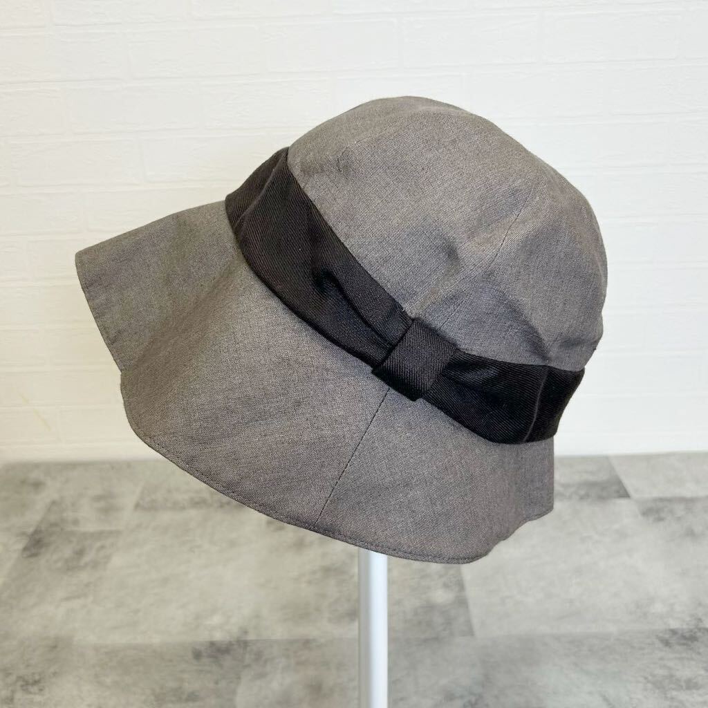 ナミキ　NAMIKI 麻　リネン　ハット　日本製　グレー　リボン　帽子 58cm レディース　G173_画像1