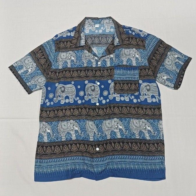 ユニセックス  タイ製コットン ブルー エスニック 象柄 アロハシャツ