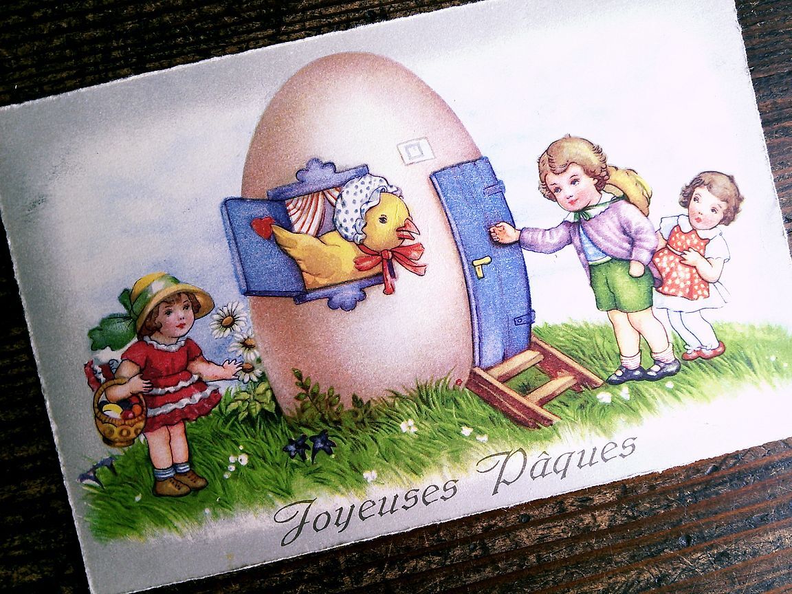 イラスト (18)◆P45 子供 少女 ヒヨコ イースター アンティークポストカード フランス_画像9