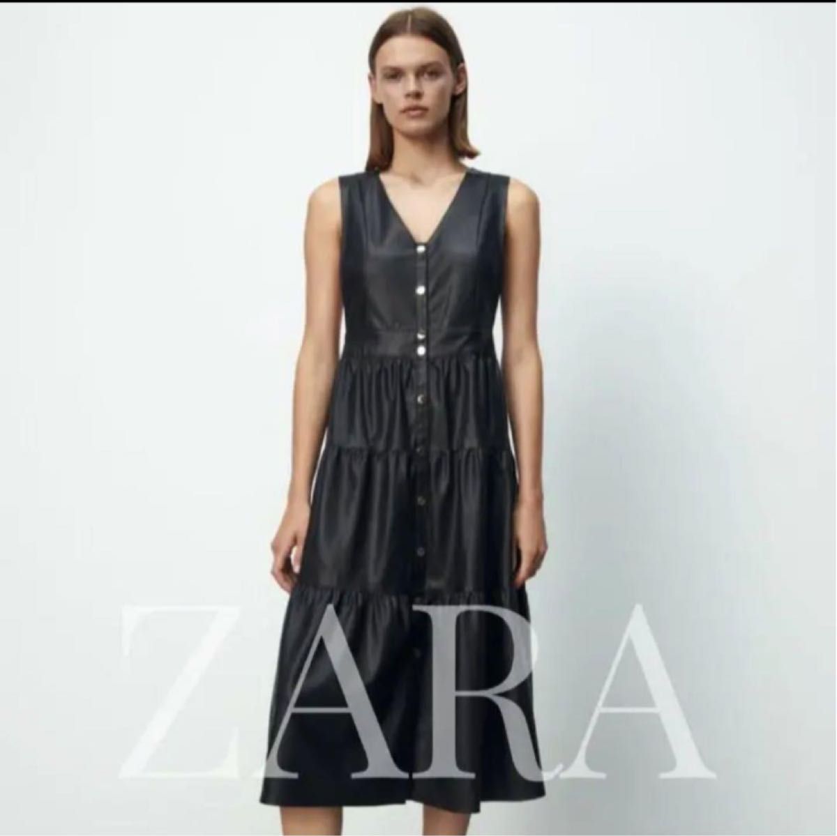 【極美品】ZARA ザラ レザー ティアード ワンピース ジャンパースカート Aライン フレア 黒 ノースリーブ レイヤード