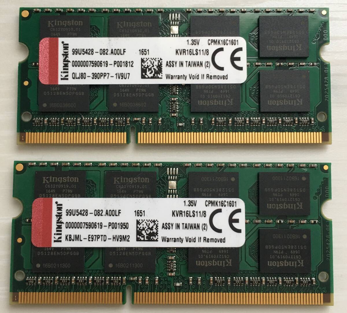 2枚　KINGSTON DDR3L-12800S 8GB DDR3L ノートブック用メモリ中古動作確認済み【管理:20】_画像1