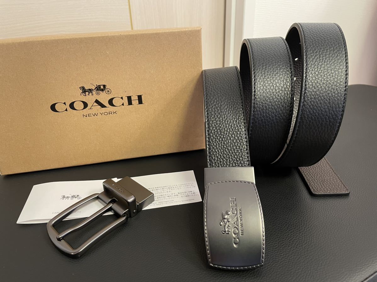  new goods regular goods Coach COACH 3 point set pebble leather reversible / cut adjustment possibility free size belt ( black × tea ) exclusive use gift box attaching COACH