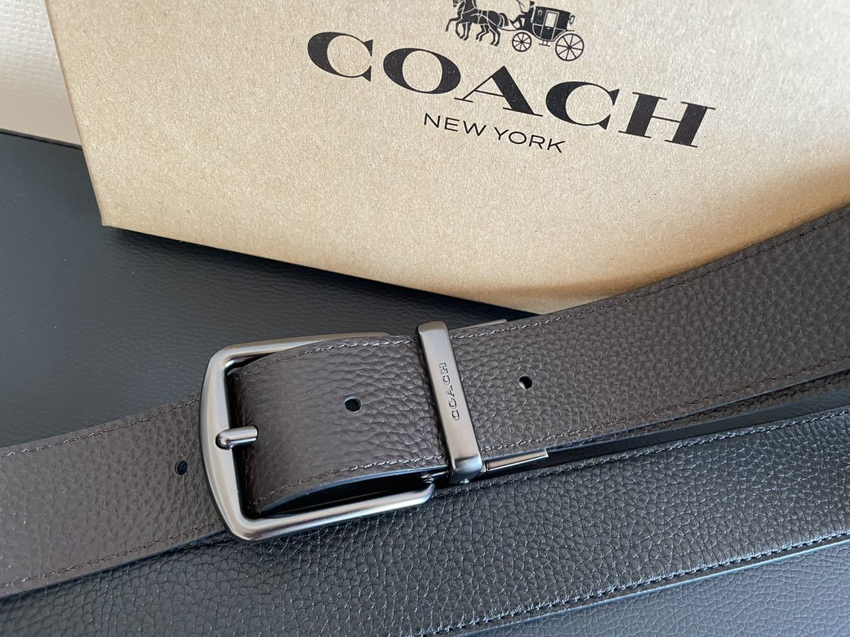  new goods regular goods Coach COACH 3 point set pebble leather reversible / cut adjustment possibility free size belt ( black × tea ) exclusive use gift box attaching COACH