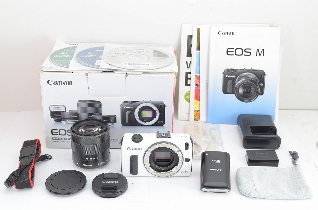 【適格請求書発行】美品 Canon キヤノン EOS M + EF-M 18-55mm IS STM レンズキット ミラーレス ホワイト 元箱付【アルプスカメラ】240505n_画像1