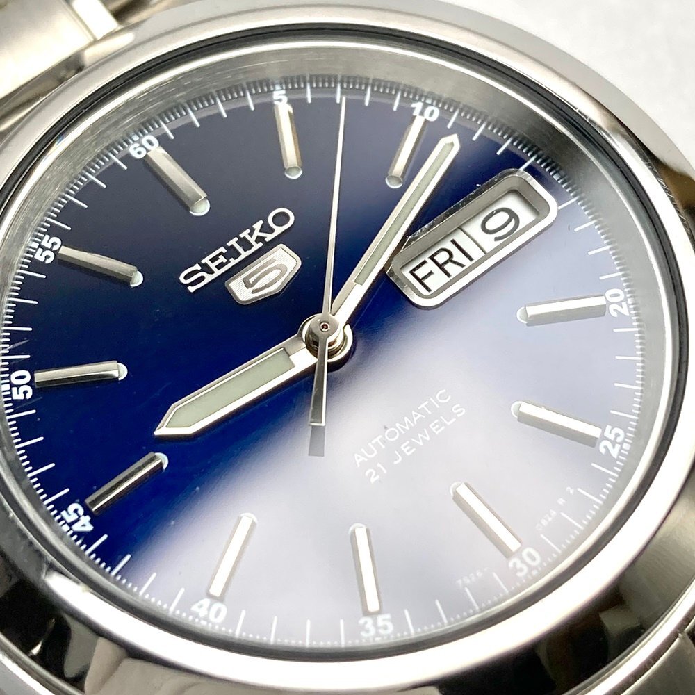 rm) SEIKO セイコー 5/ファイブ 21石 青文字盤 3針 デイト カレンダー 自動巻き 腕時計 7S26-02W0 稼働品 腕周り約18cm 裏スケ 中古 USED_画像3