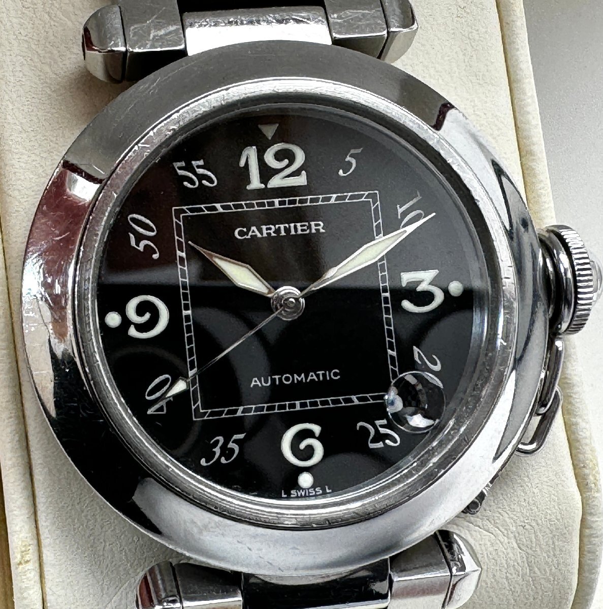 A)Cartier カルティエ パシャC 2324 100m/330ft AUTOMATIC デイト 腕時計 自動巻 動作品 箱・冊子付 中古の画像1