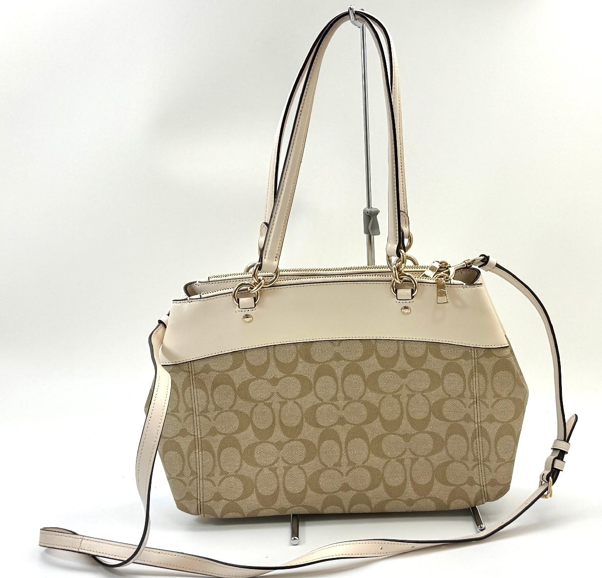 A) COACH Coach F25396 2WAY tote bag signature PVC× leather 2Way shoulder beige group used 