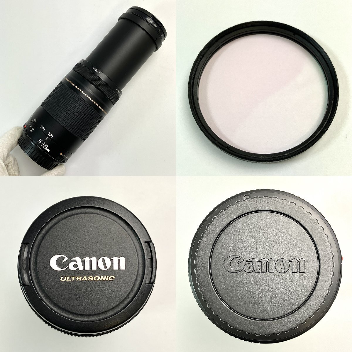 A) 【ジャンク扱い】Canon キャノン カメラ レンズ ULTRASONIC ZOOM LENS EF 75-300mm 1:4-5.6Ⅱ HAKUBA MC SKYLIGHT カバー 中古 現状渡し_画像9