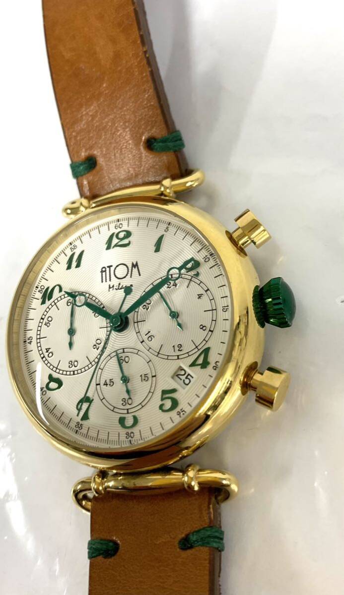  operation not yet verification antique ATOM Milano/ Atom milano wristwatch chronograph quartz leather belt AT0002 present condition goods ka15