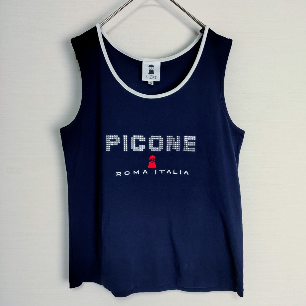 【希少】PICONE ピッコーネ☆スタッズロゴ付アンサンブル　38サイズ　Navy ネイビー　刺繍ロゴ　カーディガン＋タンクトップ　日本製　人気