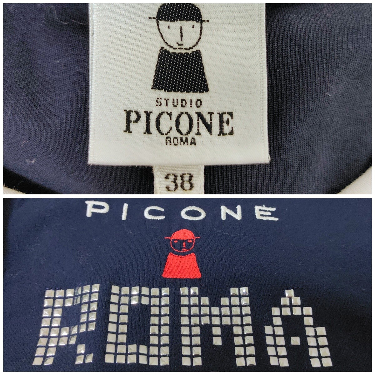 【希少】PICONE ピッコーネ☆スタッズロゴ付アンサンブル　38サイズ　Navy ネイビー　刺繍ロゴ　カーディガン＋タンクトップ　日本製　人気