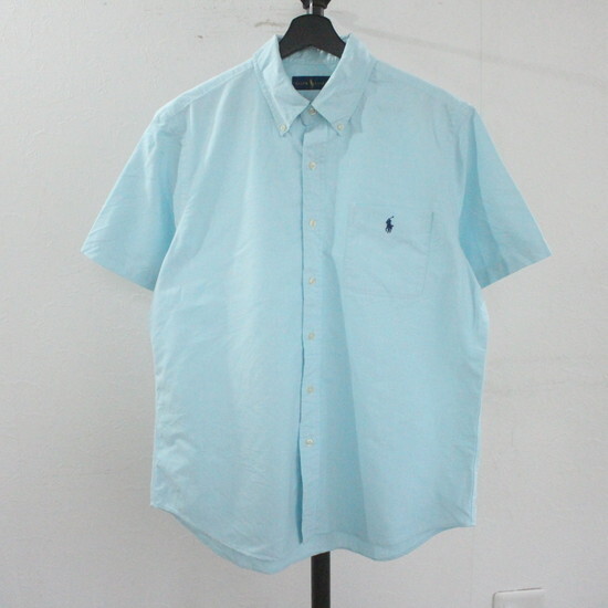 H461 2000年代製 RalphLauren ラルフローレン 半袖コットンシャツ■00s 表記Lサイズ ブルー 青 水色 ボタンダウン ロゴ アメカジ 古着卸_画像1