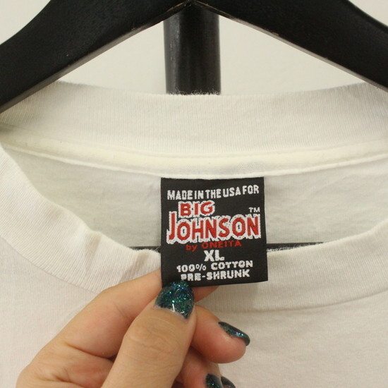 T425 90sビンテージ BIGJOHNSON 半袖プリントTシャツ USA製■1990年代製 表記XLサイズ ホワイト 白 古着 古着卸 激安 希少_画像3