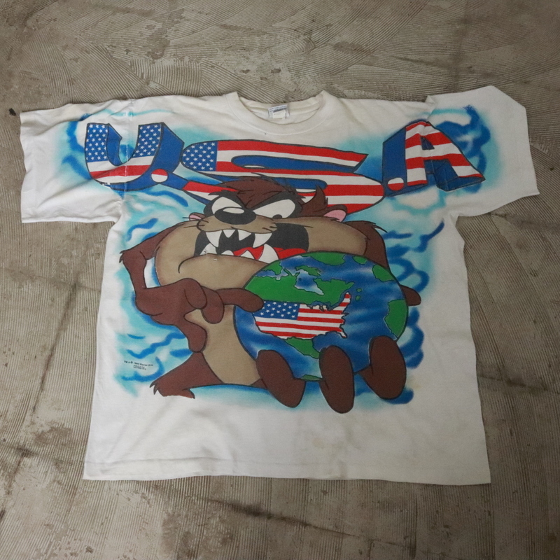 N303 90sビンテージ USA製 LOONEYTUNES 半袖プリントTシャツ■1990年代製 表記XLサイズ タズマニアンデビル 白 ホワイト アメカジ 80s 70sの画像1