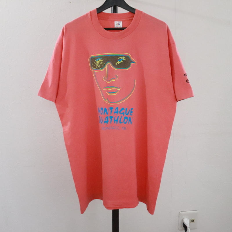 N360 90sビンテージ フルーツオブザルーム 半袖プリントTシャツ USA製■1990年代製 表記XLサイズ サーモンピンク SUBWAY アメカジ 古着卸の画像1