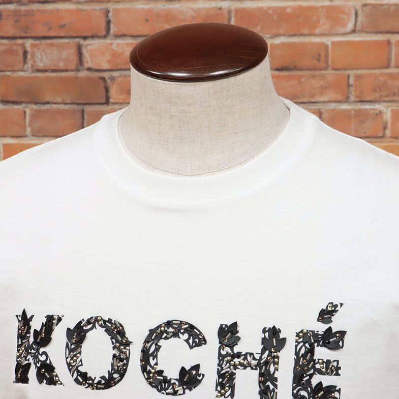 1円/KOCHE/Sサイズ/Tシャツ ジャージー 伸縮性◎ ロゴ ビーズ装飾 クルーネック 遊び心 イタリア製 半袖 新品/白/ホワイト/id253/の画像2