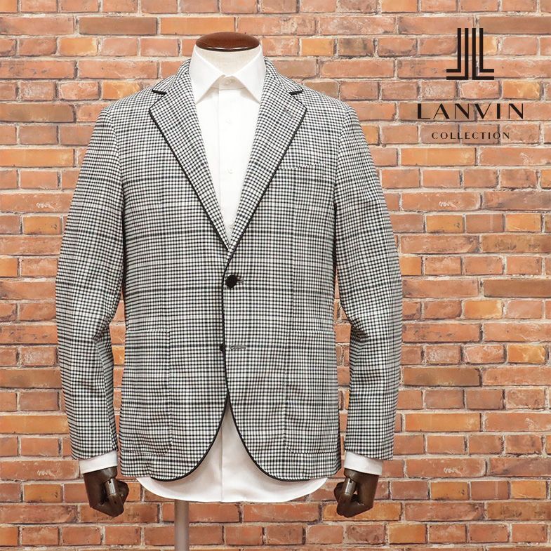 春夏/LANVIN COLLECTION/50サイズ/国産ジャケット なめらか清涼サマーウール チェック柄 パイピング プレッピー 新品/黒×白/ib140/_画像1