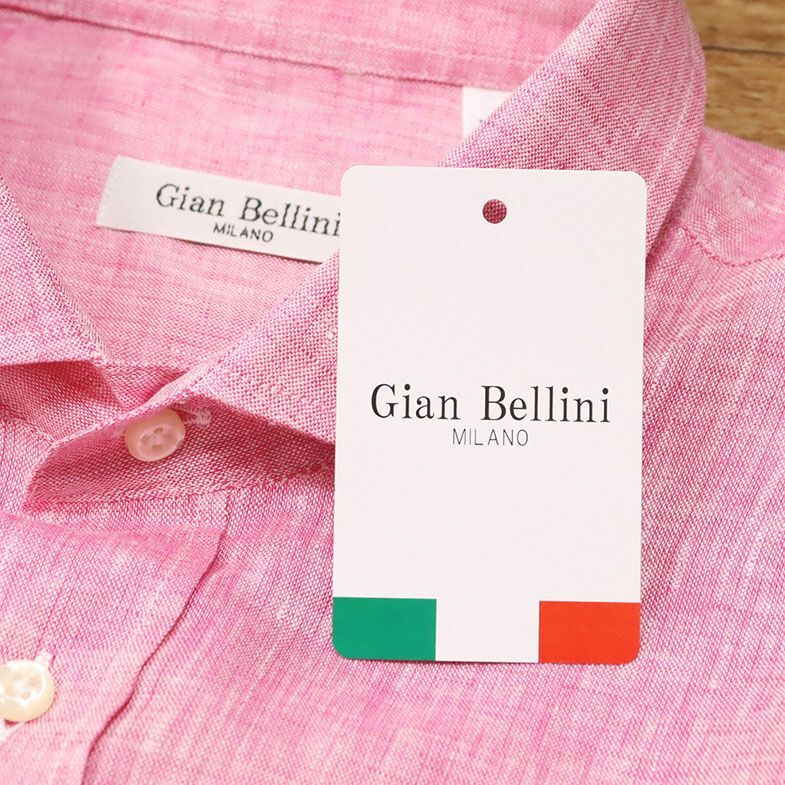 1円/春夏/Gian Bellini/Mサイズ/イタリー製シャツ 清涼 リネン 涼しい 無地 カッタウェイ 胸ポケット 長袖 新品/ピンク/gd118/_画像5