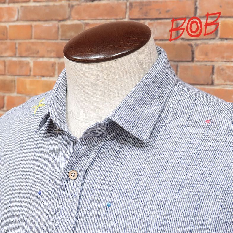 春夏/BOB/Mサイズ/ストライプ柄シャツ リネン混ドビー ハンドメイド 刺繍 遊び心 涼しい イタリア製 長袖 新品/紺/ネイビー/ib343/_画像1