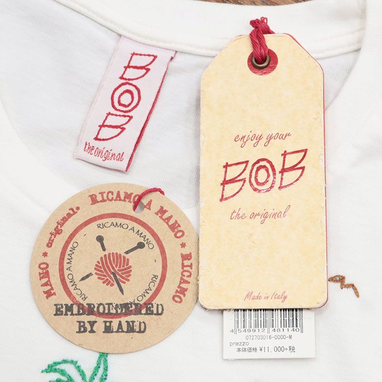 BOB/XLサイズ/Tシャツ ジャージー快適 ロゴ レタード ハンドメイド刺繍 丸首 イタリア製 半袖 新品/白/ホワイト/ib356/_画像7