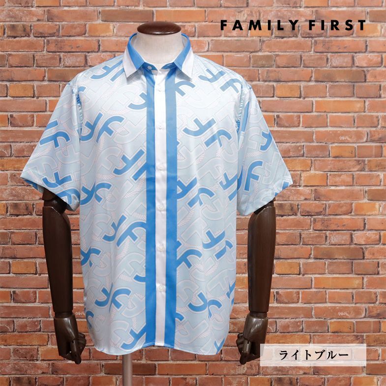 1円/FAMILY FIRST MILANO/XLサイズ/訳 総柄シャツ SHS2313 美艶サテン ロゴ プリント イタリア製 半袖 新品/水色/ライトブルー/ic136/_画像1