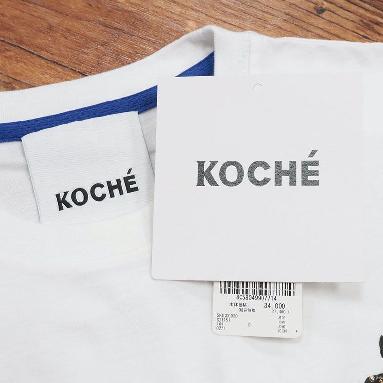 1円/KOCHE/Mサイズ/Tシャツ ジャージー 伸縮性◎ ロゴ ビーズ装飾 クルーネック 遊び心 イタリア製 半袖 新品/白/ホワイト/id253/_画像6