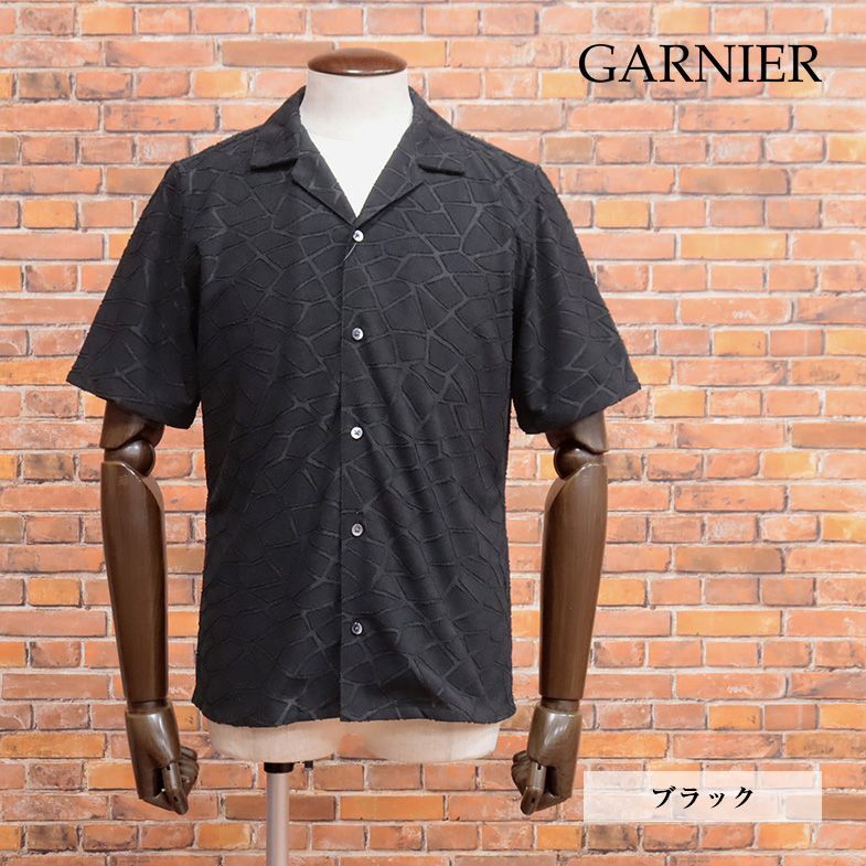 23春夏/GARNIER/Mサイズ/オープンカラー シャツ ジャージー伸縮 オパール加工 ストーンモザイク柄 半袖 新品/黒/ブラック/ig179/_画像1