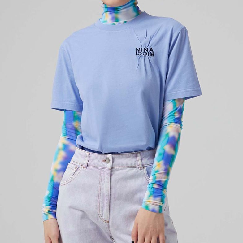 1円/春夏/NINA RICCI/XSサイズ/ロゴ刺繍 半袖 Tシャツ インポート ニナリッチ 新品/青/ブルー/iz622/_※モデル着用分は色違いです。