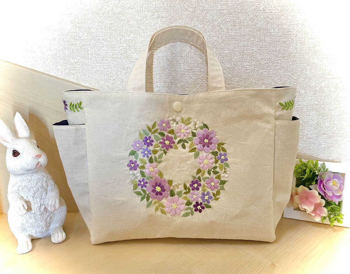 手刺繍ハンドメイドトートバッグ花刺繍パープル系バッグ_画像2