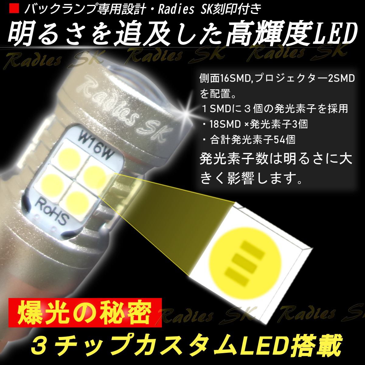 T16 ３チップカスタムLED バックランプ専用 3200lm ホワイト 6500k 爆光LED 12V 24V 2個 T10ポジション球取付 モデル キャンバス_画像3