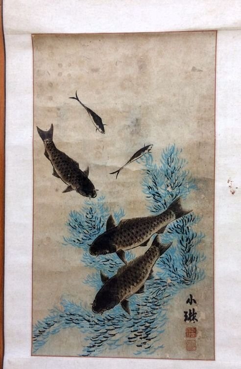 朝鮮李朝時代　手絵　魚画掛軸