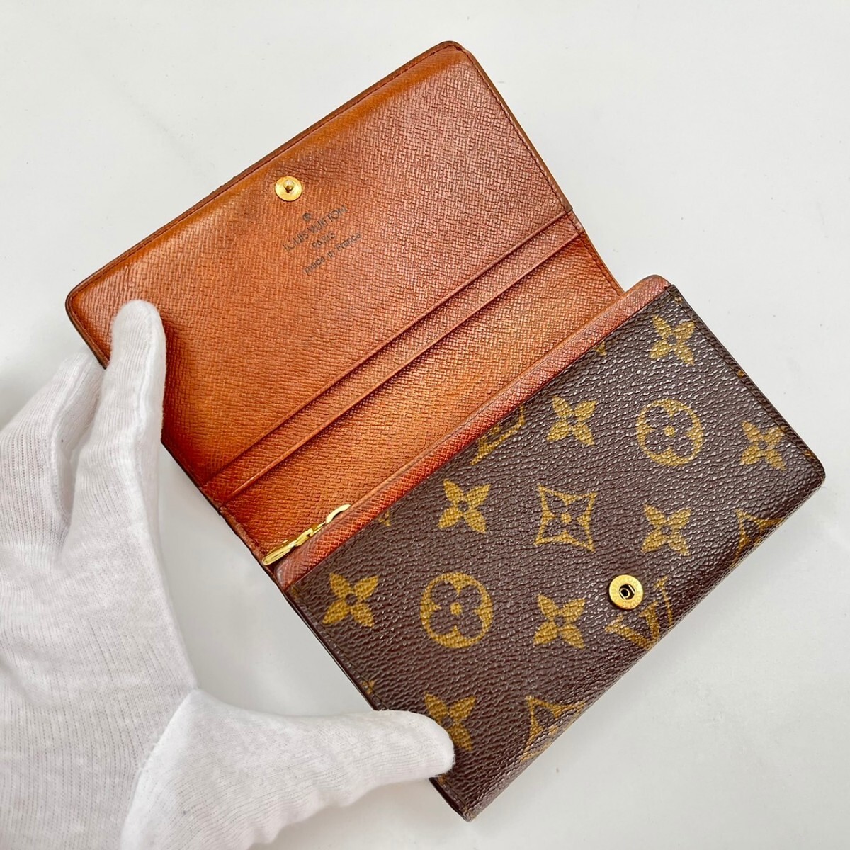 美品 ルイヴィトン LOUIS VUITTON モノグラム ポルトモネ ビエ トレゾール L字ファスナー 二つ折り財布 ブラウン 茶色 レディース M61730