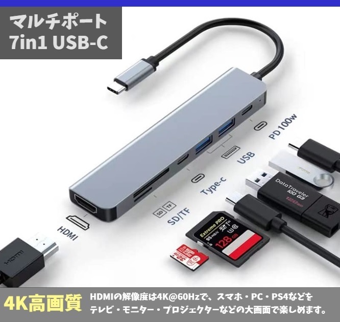 USB C ハブ 7in1 変換アダプタ Type-C タイプC ハブ マルチポート 拡張 4K 60Hz HDMI 100W PD 急速充電 USB3.0 5Gbps高速データ転送 f2ra_画像1