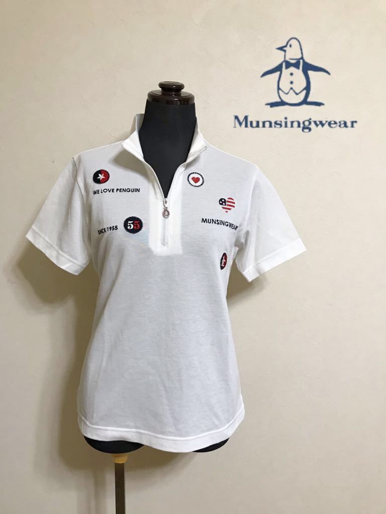 【美品】 Munsingwear golf マンシングウェア ゴルフ レディース ハーフジップ ウェア プルオーバ 刺繍 サイズM 半袖 白 デサント XLC1512_画像1