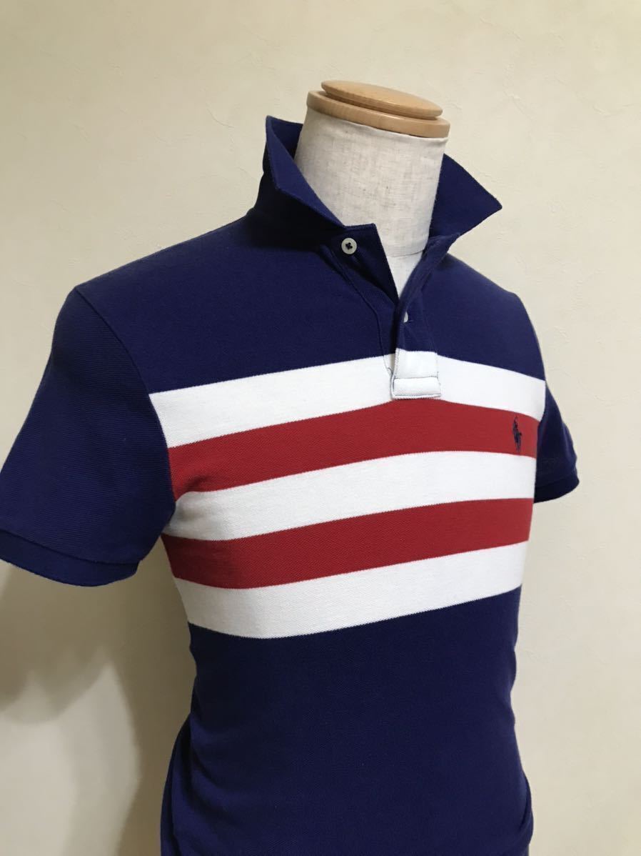 Polo Ralph Lauren ポロ ラルフローレン ボーダー 鹿の子 ポロシャツ トップス サイズXS 165/88A ネイビー 白 赤 カスタムフィット 半袖_画像7