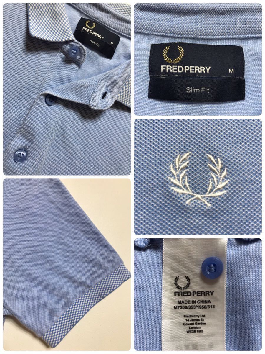 FRED PERRY フレッドペリー スリムフィット 鹿の子 ポロシャツ トップス 半袖 サイズM ライトブルー_画像5