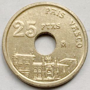 海外コイン　スペイン　25ぺセタ記念硬貨　穴　1993年_画像1