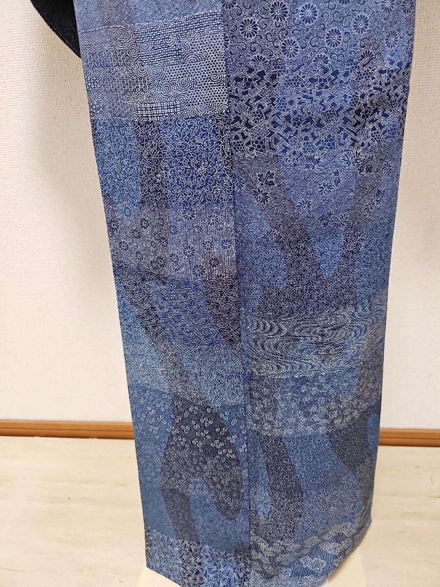 su..#101[ single .] silk book@ Indigo ., type dyeing Edo fine pattern sleeve length 68cm Indigo series 