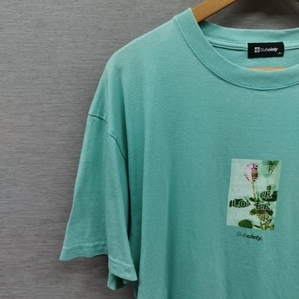 E155 Subciety サブサエティ 半袖 Tシャツ XL ミント グリーン LOSER ロゴ バラ 薔薇 フォト プリント クルーネック ストリート_画像2