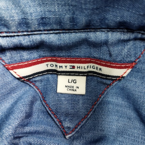 E222 TOMMY HILFIGER Tommy Hilfiger long sleeve shirt Denim feather woven collar one Point Logo embroidery indigo blue lady's L