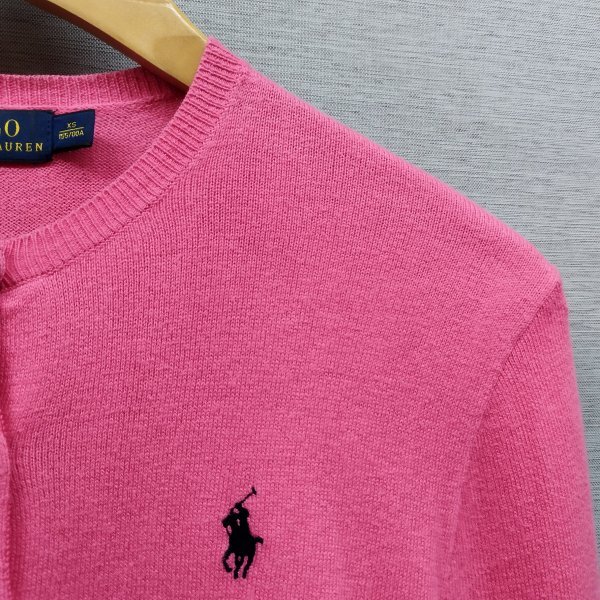 E336 POLO RALPH LAUREN ポロ ラルフローレン カーディガン 長袖 丸首 薄手 ロゴ ポニー 刺繍 コットン レディース ピンク サイズ XS_画像4