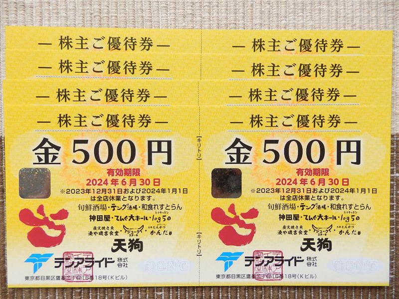 ①テング酒場、てんぐ大ホール、ジュークステーキなどで利用可　テンアライド株主優待券　４０００円分　有効期限２０２４年６月３０日まで_画像1