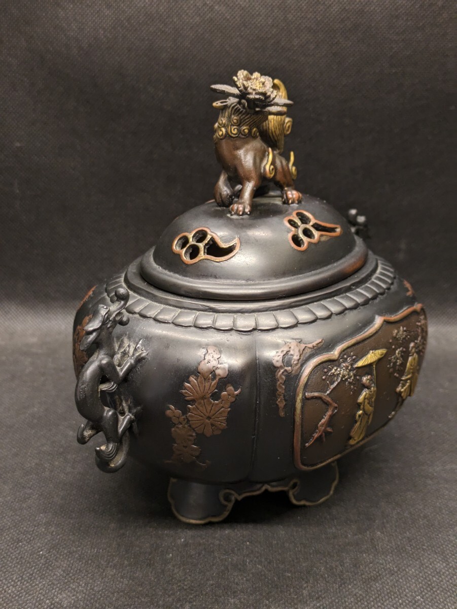 香炉　獅子蓋　高岡銅器　名工・大峰作　蝋型青銅製　仏具　骨董　装飾品　置物　美品　　_画像3