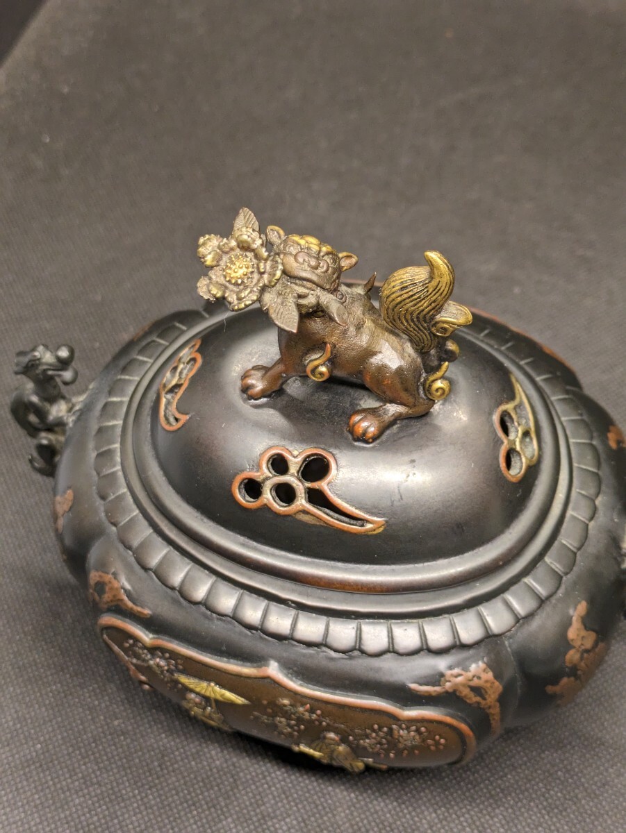 香炉　獅子蓋　高岡銅器　名工・大峰作　蝋型青銅製　仏具　骨董　装飾品　置物　美品　　_画像5